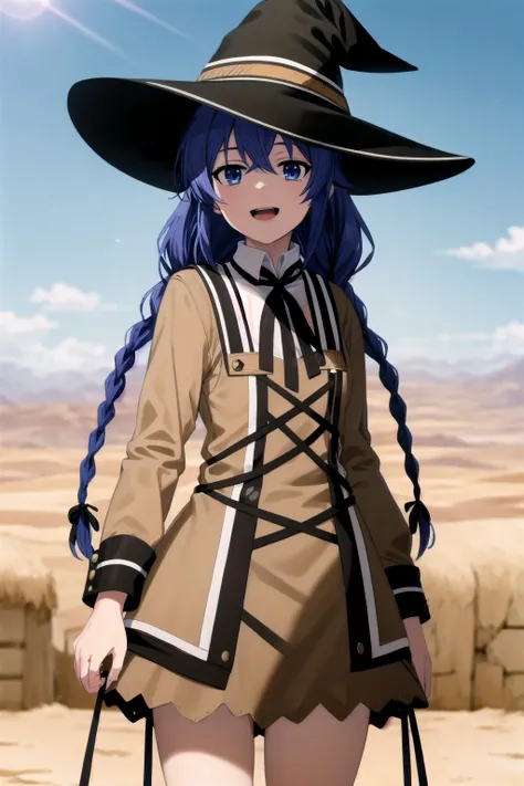 best quality, (masterpiece:1.2), detailed,
<lora:chara_MushokuTensei_RoxyMigurdia_v1:0.8>,
1girl, solo, open mouth, light smile,
twin braids, long hair, blue hair, blue eyes,
brown dress, neck ribbon, black ribbon, witch hat, black hat,
standing, looking at the viewer,
outdoors, desert, sun