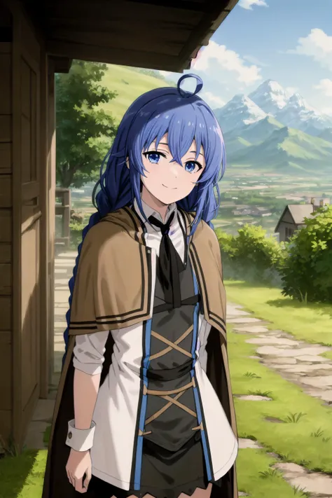best quality, (masterpiece:1.2), detailed,
<lora:chara_MushokuTensei_RoxyMigurdia_v1:0.8>,
1girl, solo, closed mouth, light smile,
twin braids, long hair, blue hair, ahoge, blue eyes,
white dress, neck ribbon, black ribbon, black skirt, brown cape,
standing, looking at the viewer,
outdoors, grass, tree, mountain