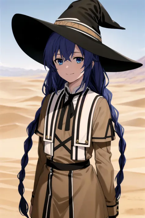 best quality, (masterpiece:1.2), detailed,
<lora:chara_MushokuTensei_RoxyMigurdia_v1:0.8>,
1girl, solo, closed mouth, light smile,
twin braids, long hair, blue hair, blue eyes,
brown dress, neck ribbon, black ribbon, witch hat, black hat,
standing, looking at the viewer,
outdoors, desert