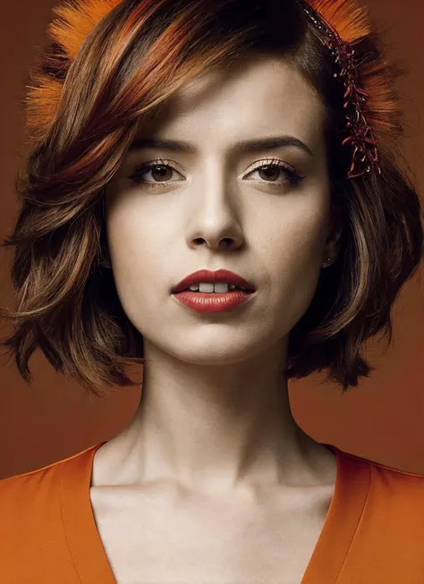 portrait of sks woman by Flora Borsi, style by Flora Borsi, bold, bright colours, orange Mohawk haircut, ((Flora Borsi)), <lora:locon_pokimane_v1_from_v1_64_32:1>