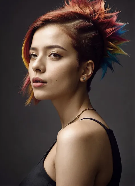 portrait of sks woman by Flora Borsi, style by Flora Borsi, bold, bright colours, rainbow Mohawk haircut, ((Flora Borsi)), <lora:lora_kendall_v1_from_v1_160:1>
