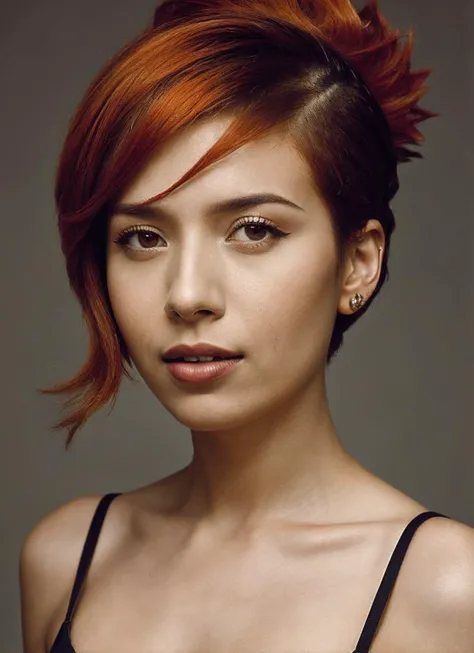 portrait of sks woman by Flora Borsi, style by Flora Borsi, bold, bright colours, orange Mohawk haircut, ((Flora Borsi)), <lora:locon_pokimane_v1_from_v1_64_32:1>