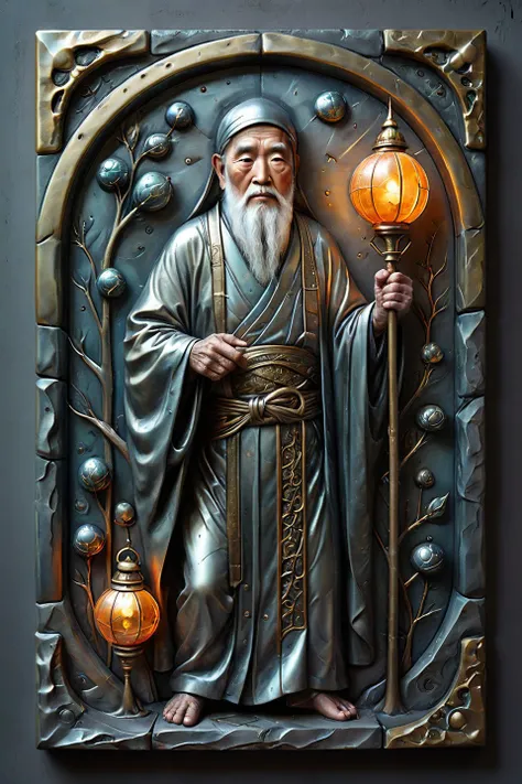 award-winning fine crystal tile, a mature Japanese cs-m3tal-ok_v06-1000 Tarot The Hermit, elderly, standing holding a staff and a lantern, textured brass filigree inlays, intricate, very detailed <lora:artfullyENGRAVED_SDXL_V1:0.5>