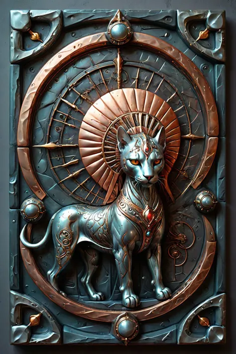award-winning bright crystal tile, a mature cs-m3tal-ok_v06-1000 Norwegian Tarot The Chariot pulled by a sphinx, textured copper filigree inlays, intricate, very detailed <lora:artfullyENGRAVED_SDXL_V1:0.5>