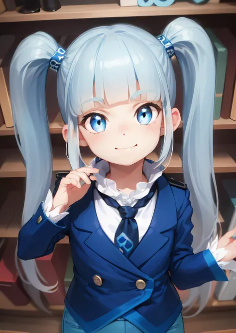 AS-Younger, 1girl, aqua hair, long hair, sidelocks, blunt bangs, twintails, blue eyes, blue pants, blue jacket, black necktie, hair ornament, rkn symbol, <lora:RKN-Chan:1>