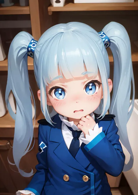 AS-Younger, 1girl, aqua hair, long hair, sidelocks, blunt bangs, twintails, blue eyes, blue pants, blue jacket, black necktie, hair ornament, rkn symbol, blush, <lora:RKN-Chan:1>