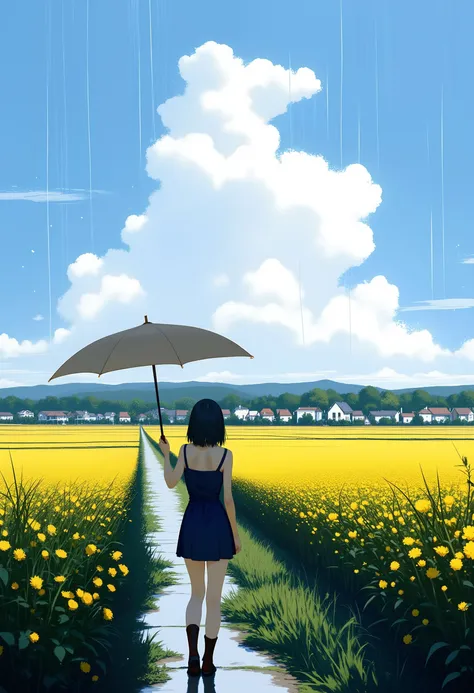 ((nai3_style_for_flux)),a girl, standing, holding a umbrella, rain, lookup the sky, rural, path, great plain, flowers, town, houses