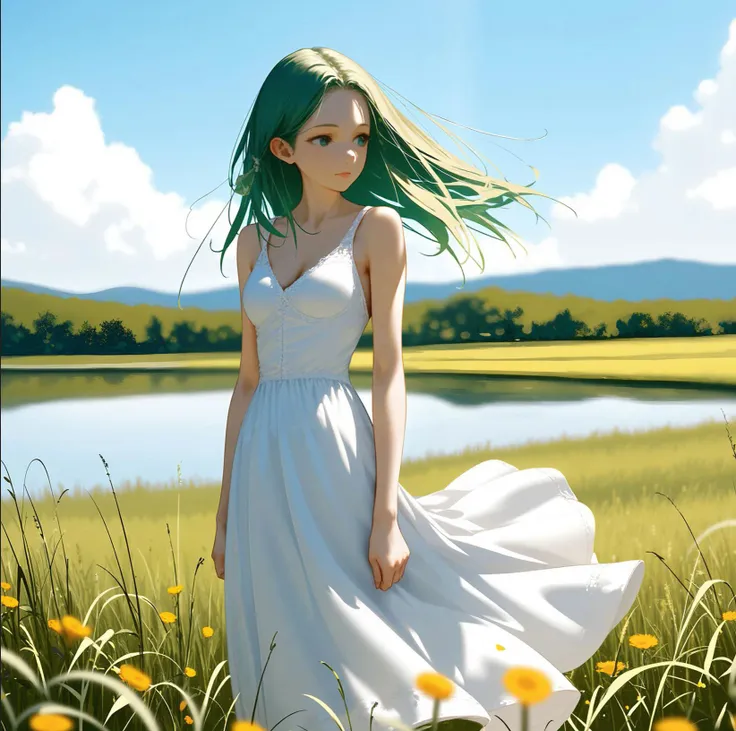 ((nai3_style_for_flux)), 1girl, mature, green hair, long hair, standing, white dress, bare shoulders, bare arms, bare legs, upper body, cowboy shot, head up, outdoors, great plains, (lots of flowers, lake, dress dancing with winds), (blurry), dramatic lighting, detailed,natural lighting, authentic,crisp details,breathtaking scenery,(masterpiece:2),best quality,ultra highres,original,extremely detailed,perfect lighting,Cinematic Lighting,highres,vibrant colors,surreal,trippy,