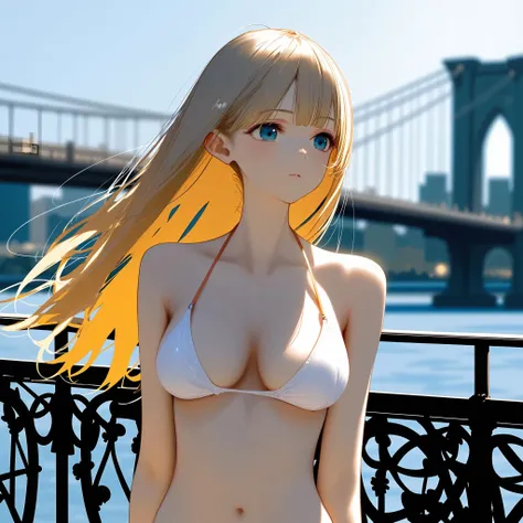 ((nai3_style_for_flux)), 1girl, Upper body, cowboy shot, blonde hair, deep blue eyes, micro bikini, standing, outdoors, Elegant city bridge, spanning the river, city skyline in the background, pedestrian walkways, charming views, (blurry), dramatic lighting, detailed,natural lighting, authentic,crisp details,breathtaking scenery,(masterpiece:2),best quality,ultra highres,original,extremely detailed,perfect lighting,Cinematic Lighting,highres,vibrant colors,surreal,trippy,
