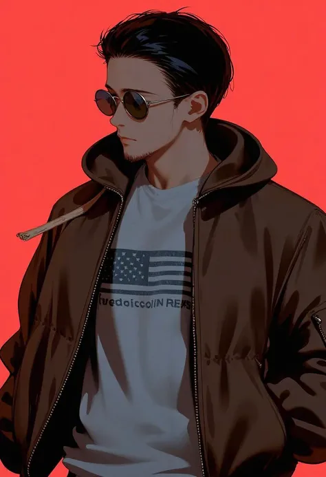 ((nai3_style_for_flux)), dramatic lighting, detailed,natural lighting, authentic,crisp details,breathtaking scenery,(masterpiece:2),best quality,ultra highres,original,extremely detailed,perfect lighting,Cinematic Lighting,highres,photo_(medium),vibrant colors,surreal,trippy, (1 young man, masculinity, slicked-back hair), sparse beard, (flight jacket, aviator sunglasses), black short hair, t-shirt, pants, upper body, cowboy shot, side view, simple background,