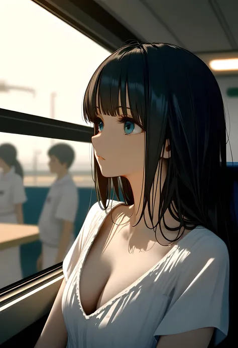 ((nai3_style_for_flux)), indoors, close-up shot, 1girl with long black hair and bangs wearing a white pleated top sitting in a train, she is gazing out of the window with a thoughtful expression, the background includes a train interior with blurred silhouettes of people visible through the window, sunlight streams through the window creating a warm glow, the overall atmosphere is contemplative and serene, dramatic lighting, detailed,natural lighting, authentic,crisp details,breathtaking scenery,(masterpiece:2),best quality,ultra highres,original,extremely detailed,perfect lighting,Cinematic Lighting,highres,photo_(medium),vibrant colors,surreal,trippy,