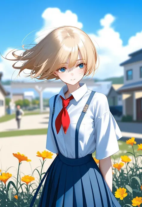 ((nai3_style_for_flux)), 1girl, blue serafuku, red neckerchief, blue pleated skirt, toughing hair, ((shy, blush)), looking to the side, blonde hair, blue eyes, sad, cowboy shot, happy, flowing peddles, windy, hair dancing with winds, flowers dancing with winds, upper body, outdoors, (sunshine, sunlights, sunny, blue sky), town, flowers, plants, houses, paths, (blurry), (soft eyes, gentle eyes)