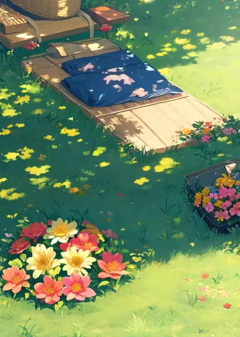 <lora:flowers_landscape-000014:0.5>, (flowers), (lying on the grass:1.5),