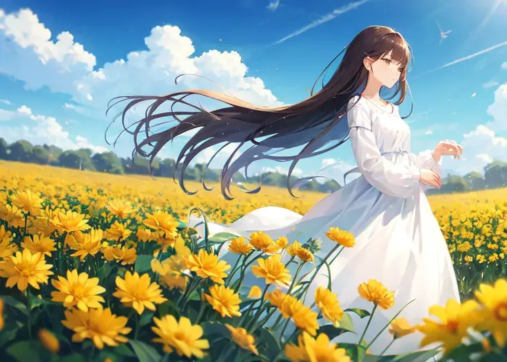 <lora:flowers_landscape-000014:0.5>, (flowers), cloud, sky, field, flower_field, day, blue_sky, dress, flower, cloudy_sky, long_hair, yellow_flower, solo, outdoors, orange_flower, long_sleeves, autumn, flowers