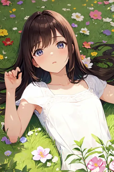 <lora:flowers_landscape-000014:0.5>, (flowers), (lying on the grass:1.5), upper body