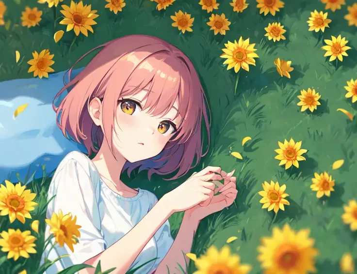 <lora:flowers_landscape-000014:0.5>, (flowers), (lying on the grass:1.5), daisy, flower, holding_bouquet, rose, sunflower, yellow_flower, yellow_rose, orange_flower, white_flower, tulip, green_flower, white_rose, dandelion, vase, holding_flower, leaf, flower_field, pink_rose, lily_\(flower\), yellow_theme, hairclip, flower_pot, pink_flower, plant, lily_of_the_valley, potted_plant,short_hair, field, holding, flowers