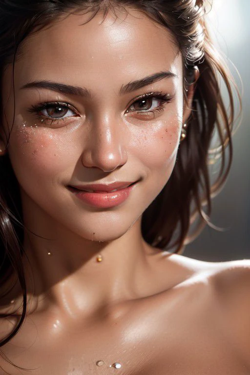 (masterpiece:1.2), (best quality:1.2), film grain, high contrast, colors and shapes, ultra sharp, 8k,((high resolution)), ((shiny skin:1.0)), (((close-up:1.7)),(( face portrait)), smiling videly, (photorealistic:1.4), (diffused soft lighting, (((only funs model ))), deep malt color skin, <lora:Tanlines05:0.6>, <lora:skin_tone_slider_v1:1.4>, <lora:add_detail:0.6>, <lora:hourglassv01:0.7,<lora:weight_slider_v2:-1.0>, <lora:emotion_happy_slider_v1:0.6>, <lora:detail_slider_v4:1.2>,