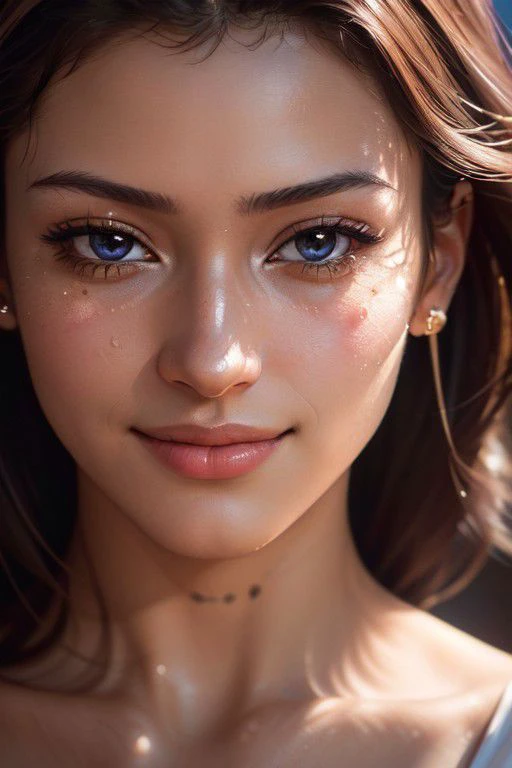 (masterpiece:1.2), (best quality:1.2), film grain, high contrast, colors and shapes, ultra sharp, 8k,((high resolution)), ((shiny skin:1.2)), (((close-up:1.6)),(( face portrait)), smiling videly, (photorealistic:1.3), (diffused soft lighting, ((( instagramm fashion model ))), deep malt color skin, <lora:Tanlines05:0.8>, <lora:skin_tone_slider_v1:1.4>, <lora:add_detail:0.6>, <lora:hourglassv01:0.7,<lora:weight_slider_v2:-1.0>, <lora:emotion_happy_slider_v1:0.9>, <lora:detail_slider_v4:1.8>,