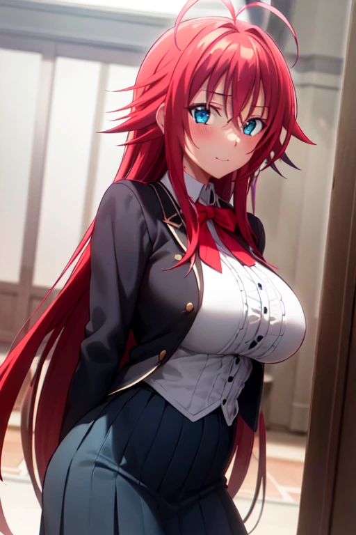 masterpiece, best quality, 1girl, long hair, looking at viewer, :3, cute, black school uniform, outdoors, streets, cowboy shot, large breasts, curvy, (((blue eyes))), <lora:Rias:1>, rias gremory, red hair, antenna hair, wavy hair, ((beautiful detailed eyes, beautiful detailed glow, lots of glow)),