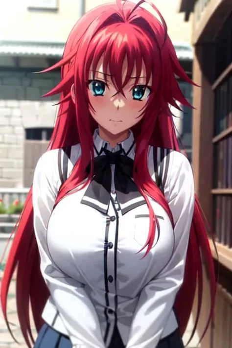 masterpiece, best quality, 1girl, long hair, looking at viewer, :3, cute, black school uniform, outdoors, streets, cowboy shot, large breasts, curvy, (((blue eyes))),  <lora:Rias:1>, rias gremory, red hair, antenna hair,  wavy hair, ((beautiful detailed eyes, beautiful detailed glow))