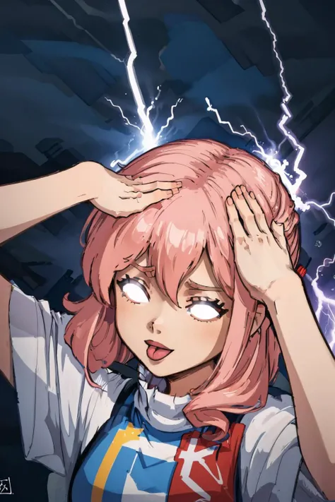 masterpiece, best quality, <lora:LowTierMeme:1> IncrsLowTier, electricity, glowing eyes <lora:ahetobleh-nvwls-v1-final:0.8> ahetobleh, from above, hands on own head, closed eyes, tongue, 1girl