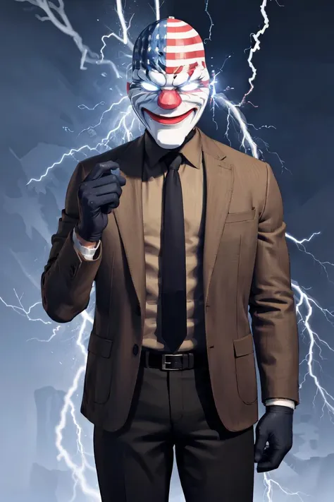 masterpiece, best quality, absurdres, 1girl, solo, IncrsLowTier, electricity, glowing eyes, <lora:LowTierMeme:1>, <lora:DallasLORA:0.8> DallasPD, mask, brown jacket, open jacket, black necktie, suit, formal, gloves, brown pants