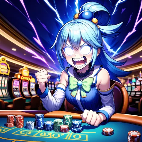 (masterpiece, best quality, absurdres, highres:1.2), ,1girl,solo, incrslowtier, <lora:LowTierMeme:0.9>, (electricity, lightning:1.1), glowing eyes, BREAK <lora:aqua_(konosuba)_v1:0.75>,aaaqua,long hair,blue hair,hair rings,hair ornament,choker,bare shoulders,green bow,blue shirt,detached sleeves,blue skirt,thighhighs, BREAK <lora:highSpiritGambler:0.6>,(((cheering, excited, grin, money, happy ,clenched hands, upper body, evil smile, looking down,poker chip,casino,casino card table))),depth of field,indoors,leaning forward,slot machine,casino room,carpet, <lora:add_detail:0.6>