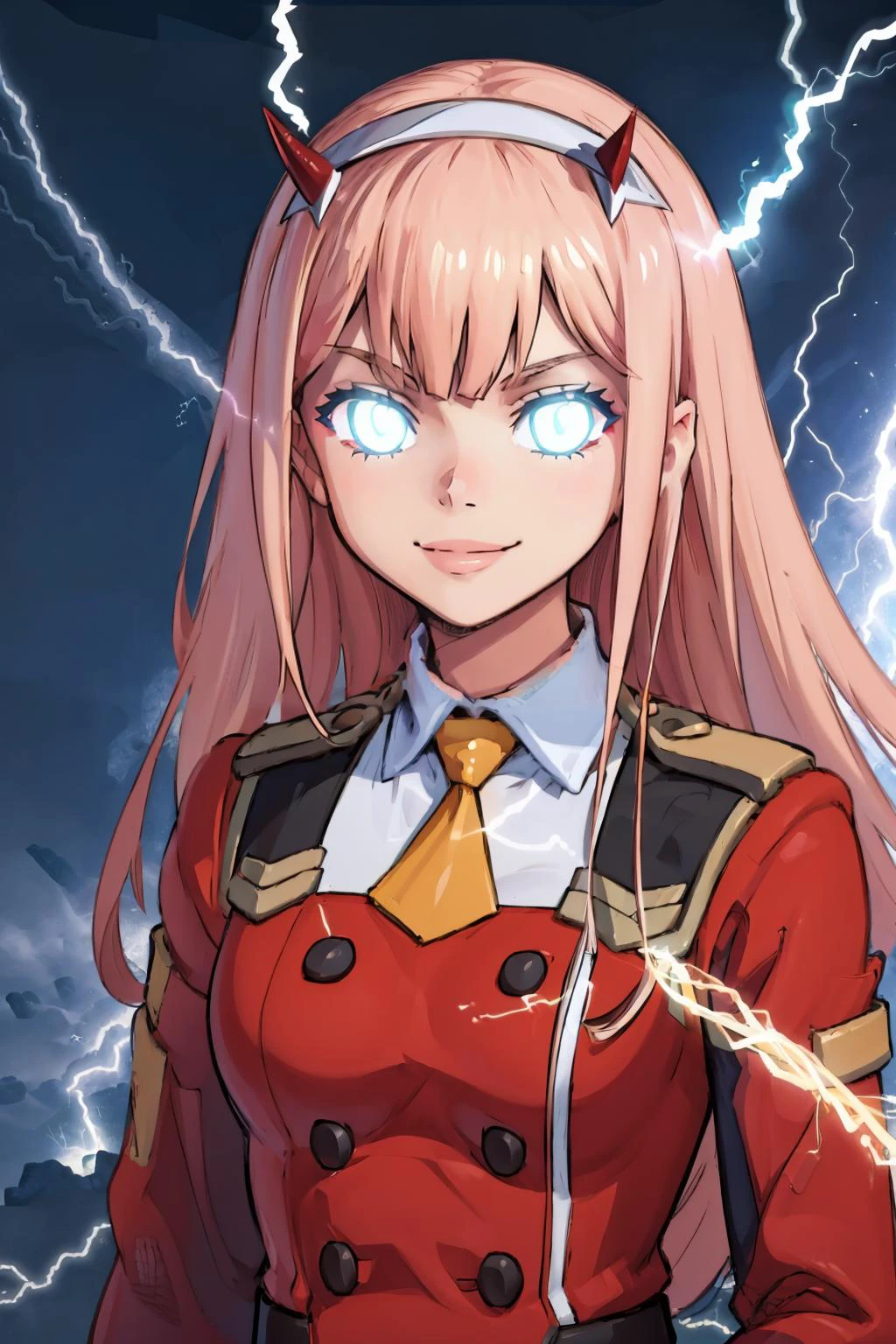 masterpiece, best quality, <lora:LowTierMeme:1> IncrsLowTier, electricity, glowing eyes <lora:zerotwo-nvwls-v1:0.8> zerotwo, horns, hairband, necktie, red dress, upper body, smile