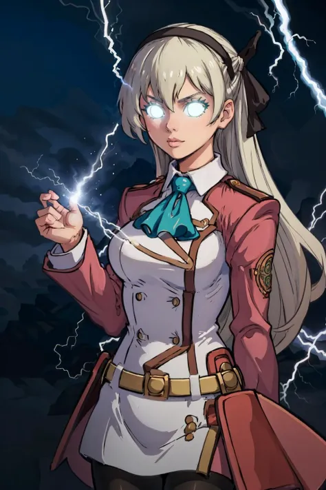 masterpiece, best quality, <lora:LowTierMeme:1> <lora:elie-nvwls-v2-zero:0.8> elie macdowell, green eyes, hairband, blue ascot, hair ribbon, long sleeves, belt, pantyhose, cowboy shot, IncrsLowTier, electricity, glowing eyes