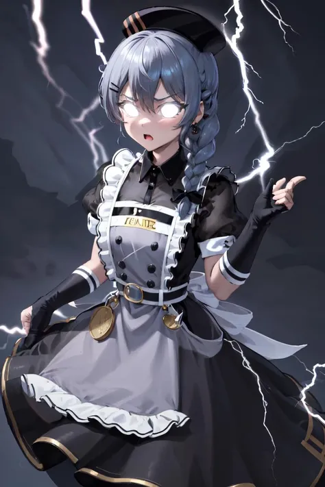masterpiece, best quality, absurdres, 1girl, solo, IncrsLowTier, electricity, glowing eyes, <lora:LowTierMeme:1>, <lora:HoshimachiSuiseiV2:0.8> SuiseiMaid, long hair, single braid, black nurse cap, double-breasted grey apron, chest belt, elbow gloves, crinoline, black pantyhose