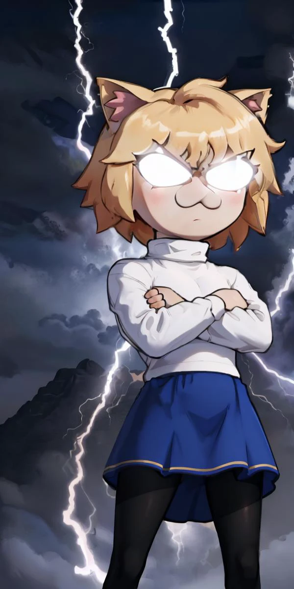 masterpiece, best quality, 1boy, solo, <lora:LowTierMeme:0.95> IncrsLowTier, electricity, glowing eyes, depth of field, crossed arms, angry, <lora:necoarc:0.95> necoarc, slit pupils, cat ears, blonde hair, red eyes, chibi, :3, turtleneck, blue skirt, pleated skirt, pantyhose,