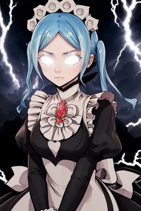 masterpiece, best quality, 1girl, solo, <lora:LowTierMeme:1>IncrsLowTier, electricity, glowing eyes, <lora:flora-fe-richy-v1:1> floradef, maid, maid headdress,