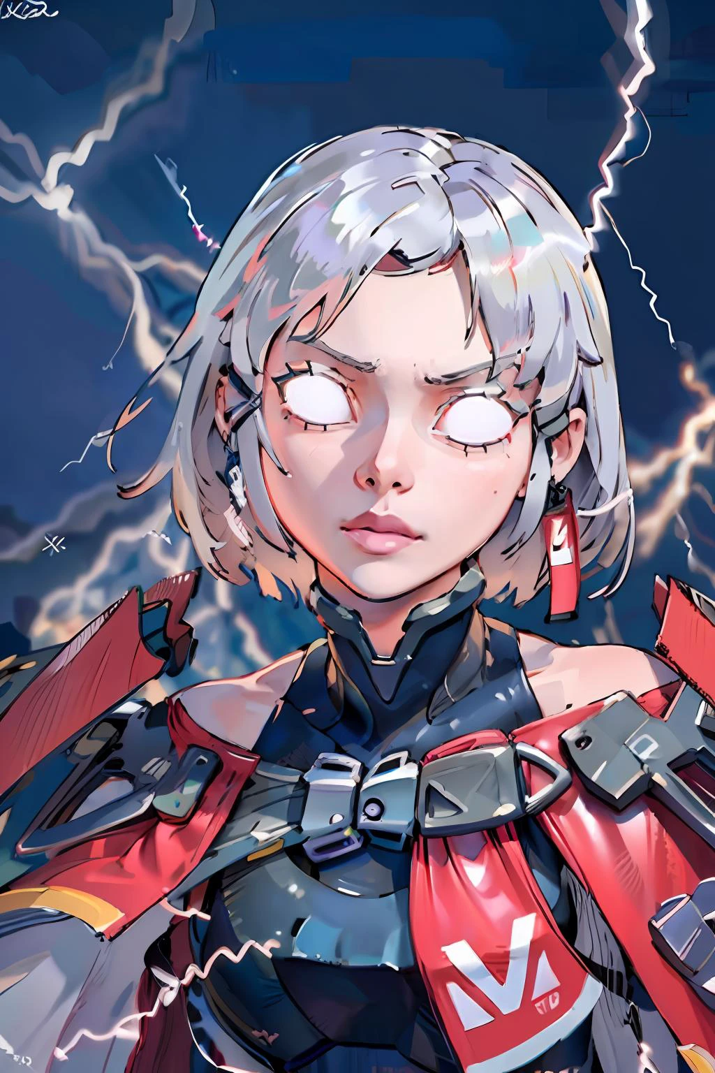 (photorealistic:1.3), masterpiece, detailed, (beautiful lighting), alluring, 1girl, (leaning forward, face close up),<lora:NikkeDrake:0.8>, OrigFullArm, full armed, cape, mechanical armor, <lora:LowTierMeme:1>, IncrsLowTier, electricity, glowing eyes