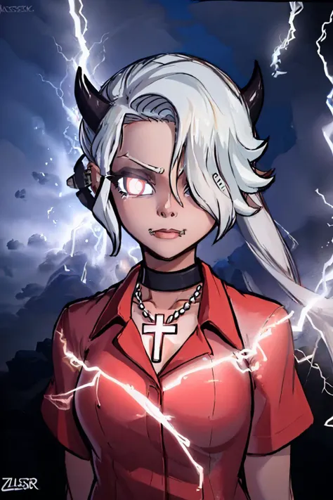 (masterpiece, best quality:1.2), solo, 1girl, htzdrada, IncrsLowTier, electricity, glowing eyes, hair over one eye, red shirt, piercing, choker, cross necklace <lora:helltaker_zdrada-11:1> <lora:LowTierMeme:1>