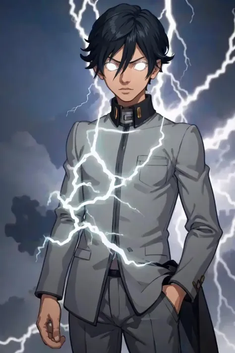 masterpiece, best quality, solo, 1boy, <lora:LowTierMeme:1>, IncrsLowTier, electricity, glowing eyes,   <lora:NaoyaV3:1> Naoya, school uniform, grey pants