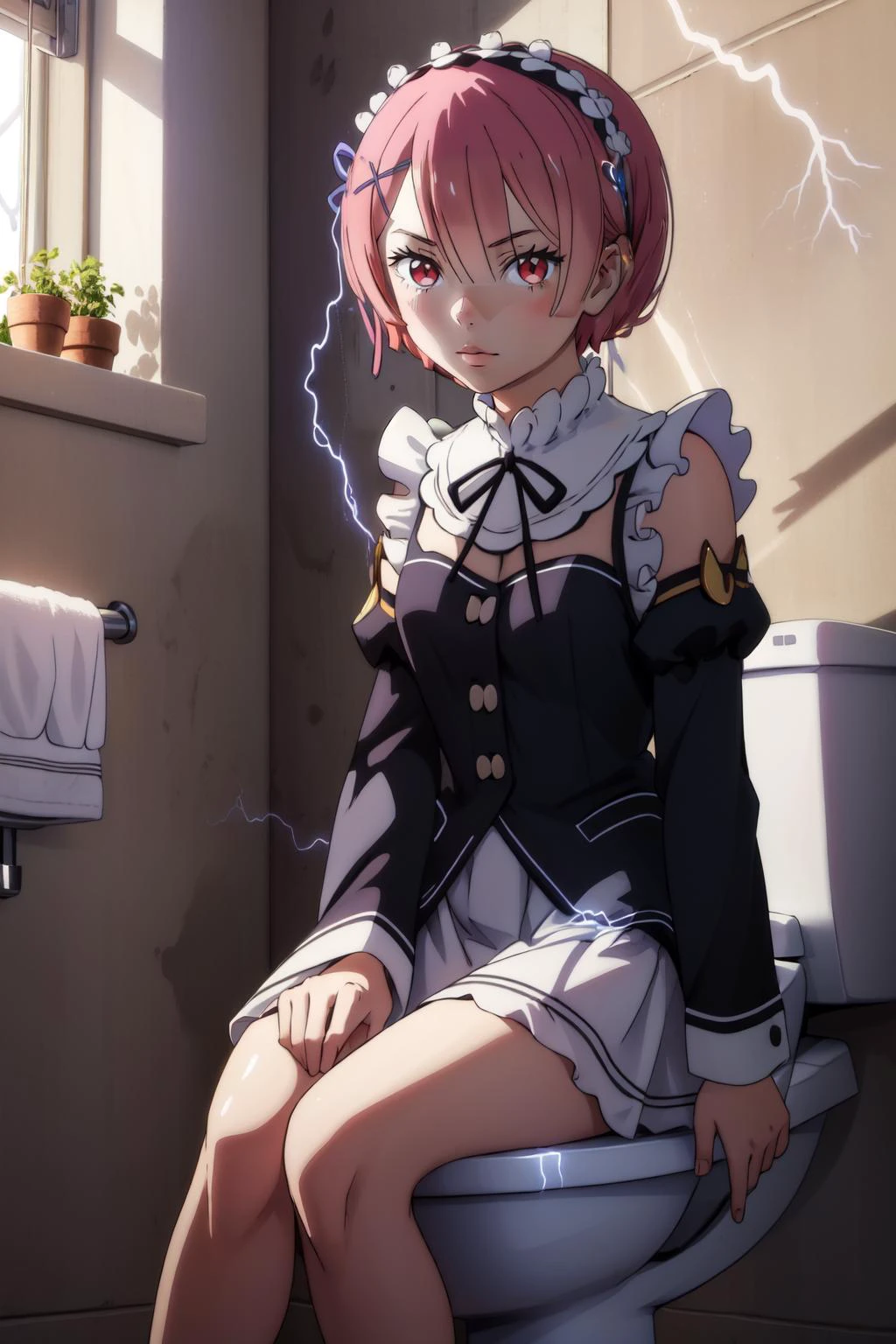 (masterpiece, best quality), intricate details,
1girl, <lora:ram-rezero-01:0.8> ram, maid uniform,
<lora:LowTierMeme:0.8> IncrsLowTier, electricity, glowing eyes , lightning bolt,
indoors, sitting on toilet, bathroom,
