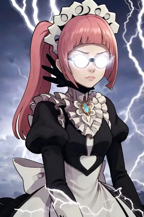 masterpiece, best quality, 1girl, solo, <lora:LowTierMeme:1>IncrsLowTier, electricity, glowing eyes, <lora:felicia-fe-richy-v1:1> feliciadef, maid, maid headdress, sunglasses