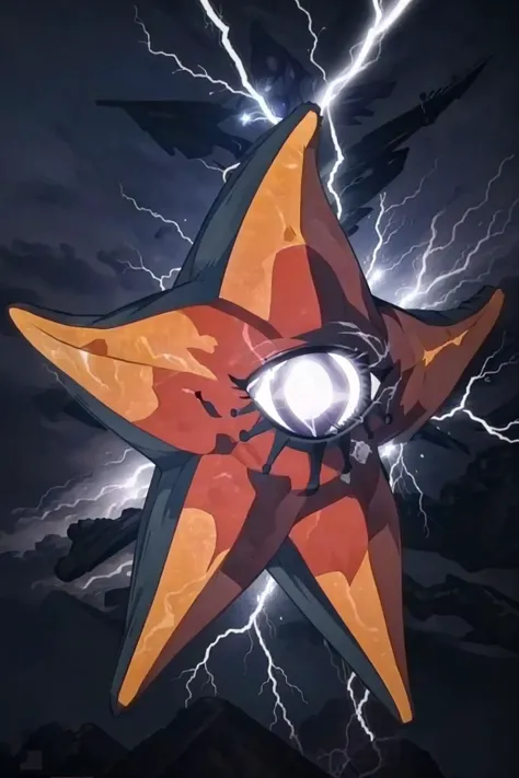 masterpiece, best quality, solo, <lora:LowTierMeme:1>, IncrsLowTier, electricity, (glowing eyes:1.6), <lora:DecarabiaV2_Fp:1>, decarabiasmt, (no humans:1.6) , pokemon (creature), one-eyed, (star:1.6), orange skin