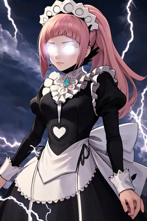 masterpiece, best quality, 1girl, solo, <lora:LowTierMeme:1>IncrsLowTier, electricity, glowing eyes, <lora:felicia-fe-richy-v1:1> feliciadef, maid, maid headdress,