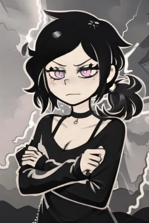 <lora:LowTierMeme:1>, lightning bolts, crossed arms, lightning,  <lora:ashleyvk:0.9>, black hair, color picture, pink eyes, stares at the viewer