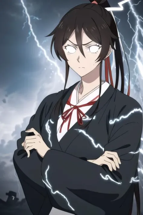 1boy, solo,  <lora:LowTierMeme:1>, lightning bolts, glowing eyes, crossed arms,  <lora:hellsparadise_style_offset:1> hellsparadise style,1girl, solo, brown eyes, ponytail, long hair, japanese clothes, black hair, hair between eyes, ribbon, hair ribbon, looking at viewer, anime coloring, kimono,