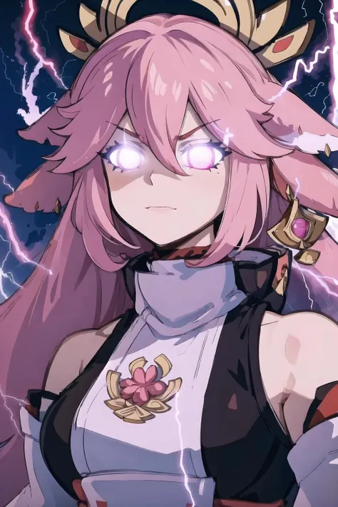 incrslowtier, <lora:LowTierMeme:1>, electricity, glowing eyes, yae miko, pink eyes, long hair, pink hair, animal ears, <lora:Char_GenshinImpact_YaeMiko:1>
