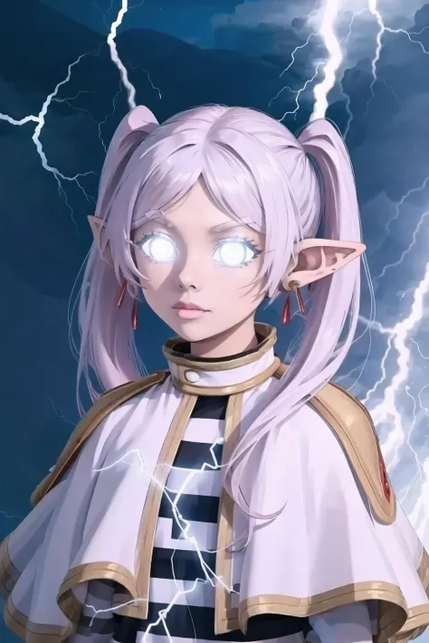 incrslowtier, <lora:LowTierMeme:1>, electricity, lightning, FrierenBase, twintails, earrings, white capelet, striped shirt, <lora:Char_FBJE_Frieren:1>, glowing eyes,