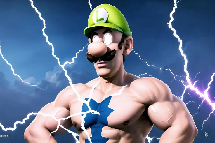 incrslowtier, <lora:LowTierMeme:1>, electricity, glowing eyes, Luigi, <lora:Char_MarioSeries_Luigi:0.8>, muscular, muscular male, topless,