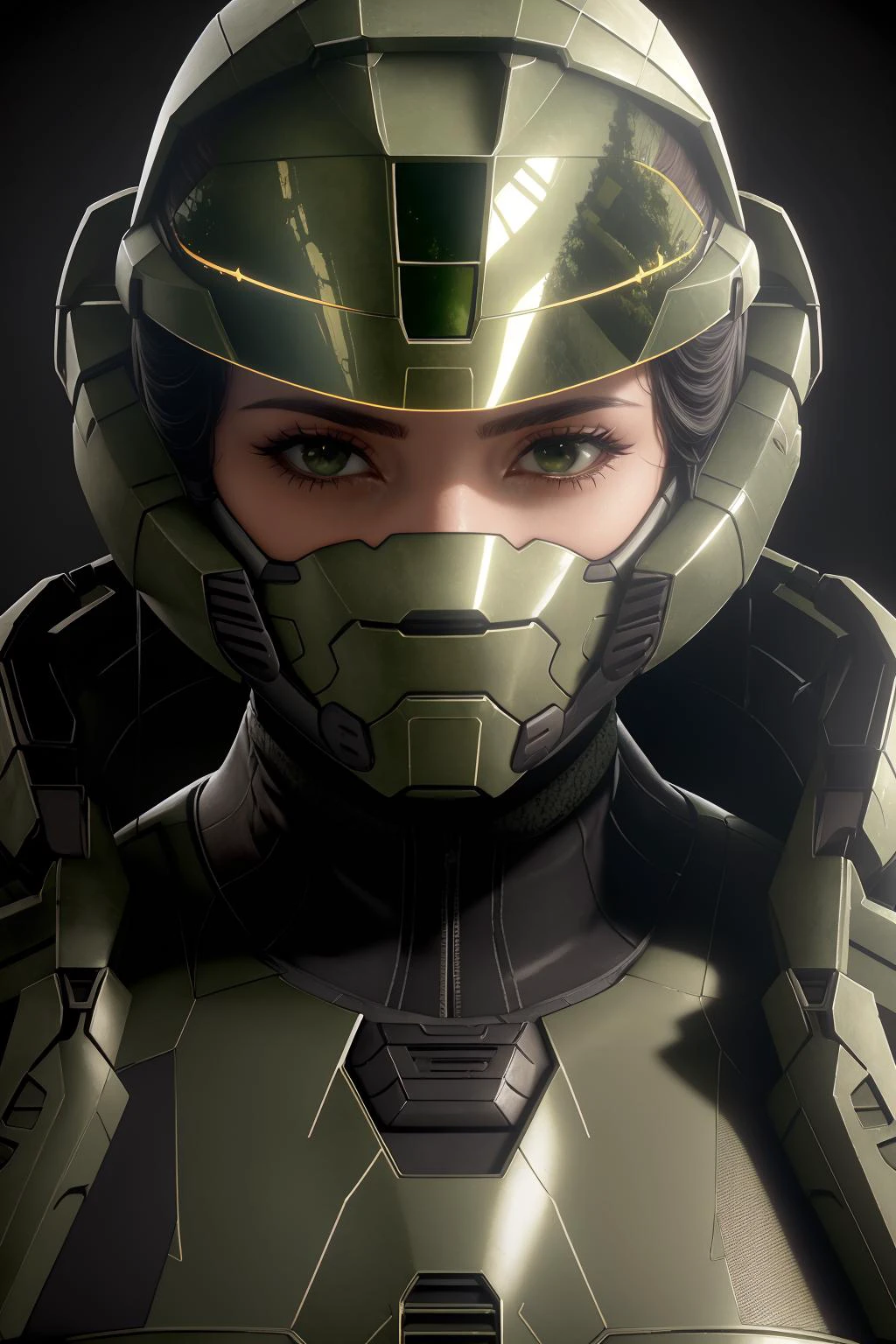 a portrait of a beautiful woman , 8K, absurdres, siren, edgHalo, military green armor, helmet, science fiction, power armor <lora:edgHalo:1.2>, best quality, wallpaper, lush detail,