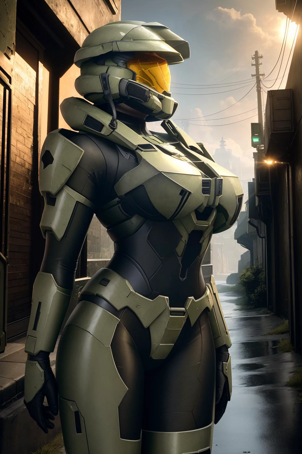 a photo of a beautiful woman , 8K, absurdres, , edgHalo, military green armor, science fiction, power armor <lora:edgHalo:1.2>, best quality, wallpaper, stunning, lush detail, in a dimly lit alleyway,