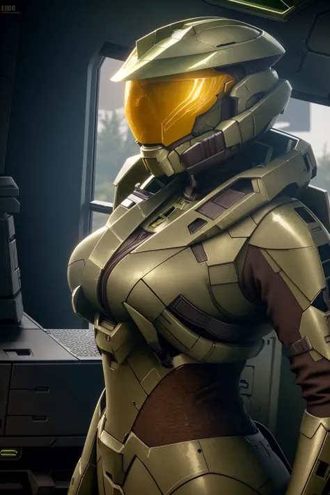 a portrait of a beautiful woman , 8K, absurdres, siren,temptress, edgHalo, military green armor, helmet, science fiction, power armor <lora:edgHalo:1.2>, best quality, wallpaper, attractive, lush detail,