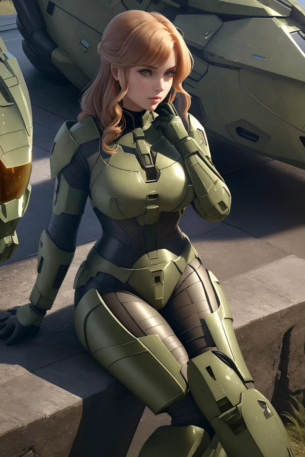 a photo of a beautiful woman sitting, 8K, absurdres, goddess,babe, edgHalo, military green armor, science fiction, power armor <lora:edgHalo:1.2>, best quality, wallpaper, beguiling, lush detail,