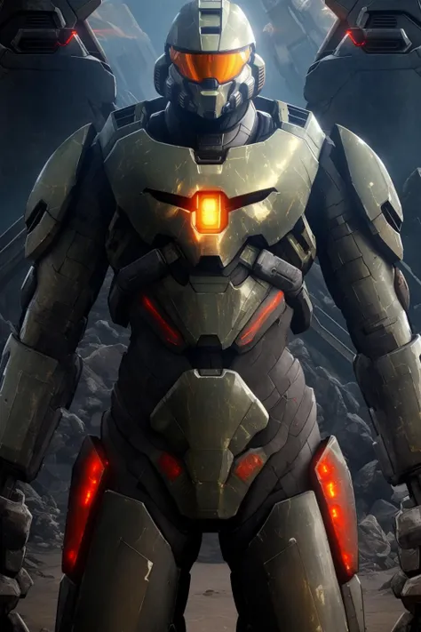edgHalo, power armor ,<lora:edgHalo:1>, masterpiece, best quality, mecha, no humans, black armor, blue eyes, science fiction, fire, laser canon beam, war, conflict, destroyed city background, oil on matte canvas, sharp details, the expanse scifi spacescape ceres colony, intricate, highly detailed, digital painting, rich color, smooth, sharp focus, illustration, Unreal Engine 5, 8K, art by artgerm and greg rutkowski and alphonse mucha