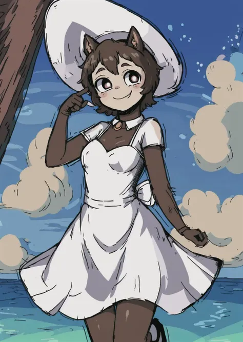 <lora:hedgehogSummerCamp_v10:1>, brown hair, 1girl, 1 girl, solo, very large hat, transparent summer dress, tiny animal ears, happy,
large pupils, detailed eyes, brown pupils, small smile, breasts,
full body,